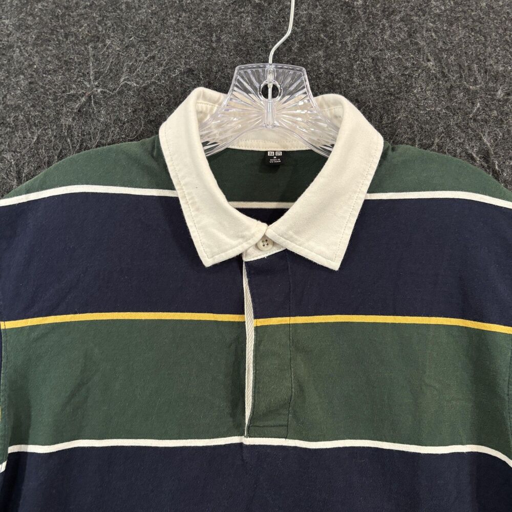Uniqlo Rugby Polo Shirt Men's Medium Green Navy Striped 100% Cotton Casual Knit - Picture 2 of 9